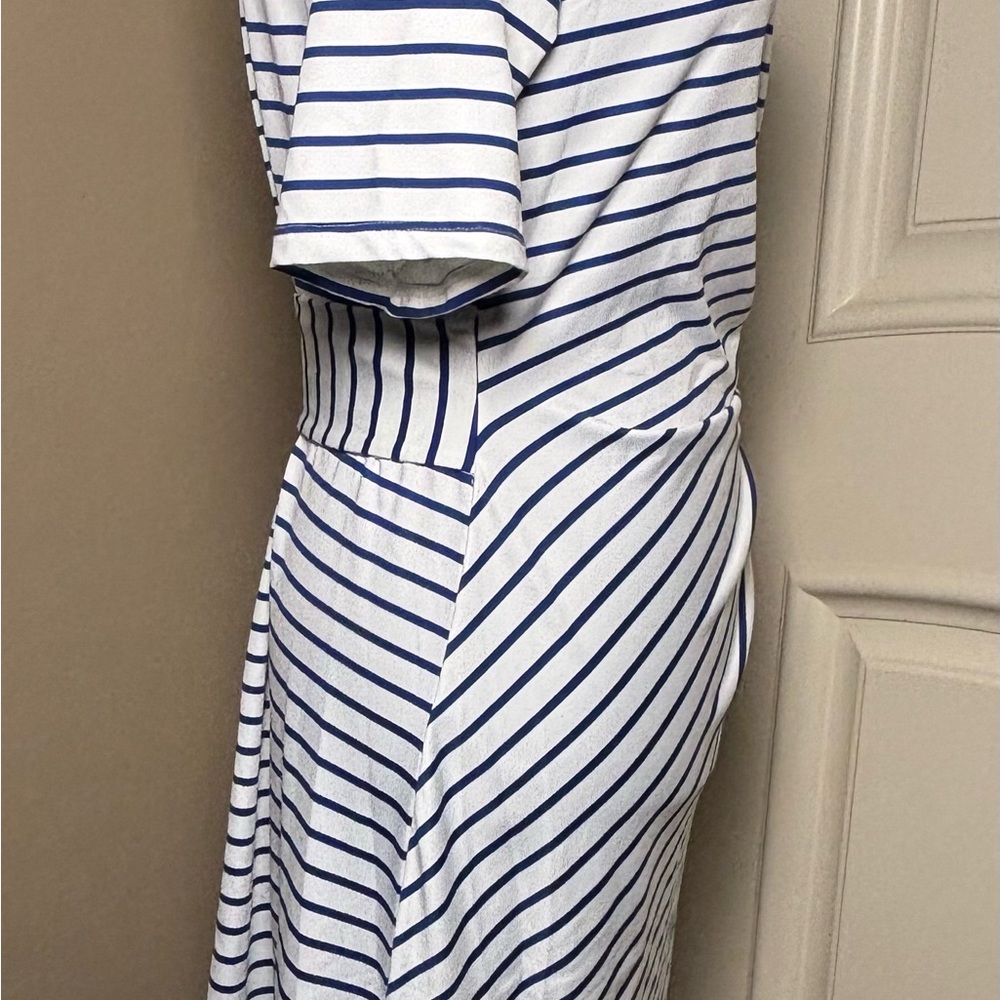Lands’ End Elbow Sleeve Tie Waist Sheath Dress White & Navy Blue Nautical Sz S - Picture 4 of 16